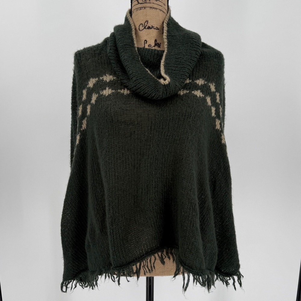 Wooden Ships Cowl Neck Poncho‎ Sweater Fringe Hem Green S/M Boho